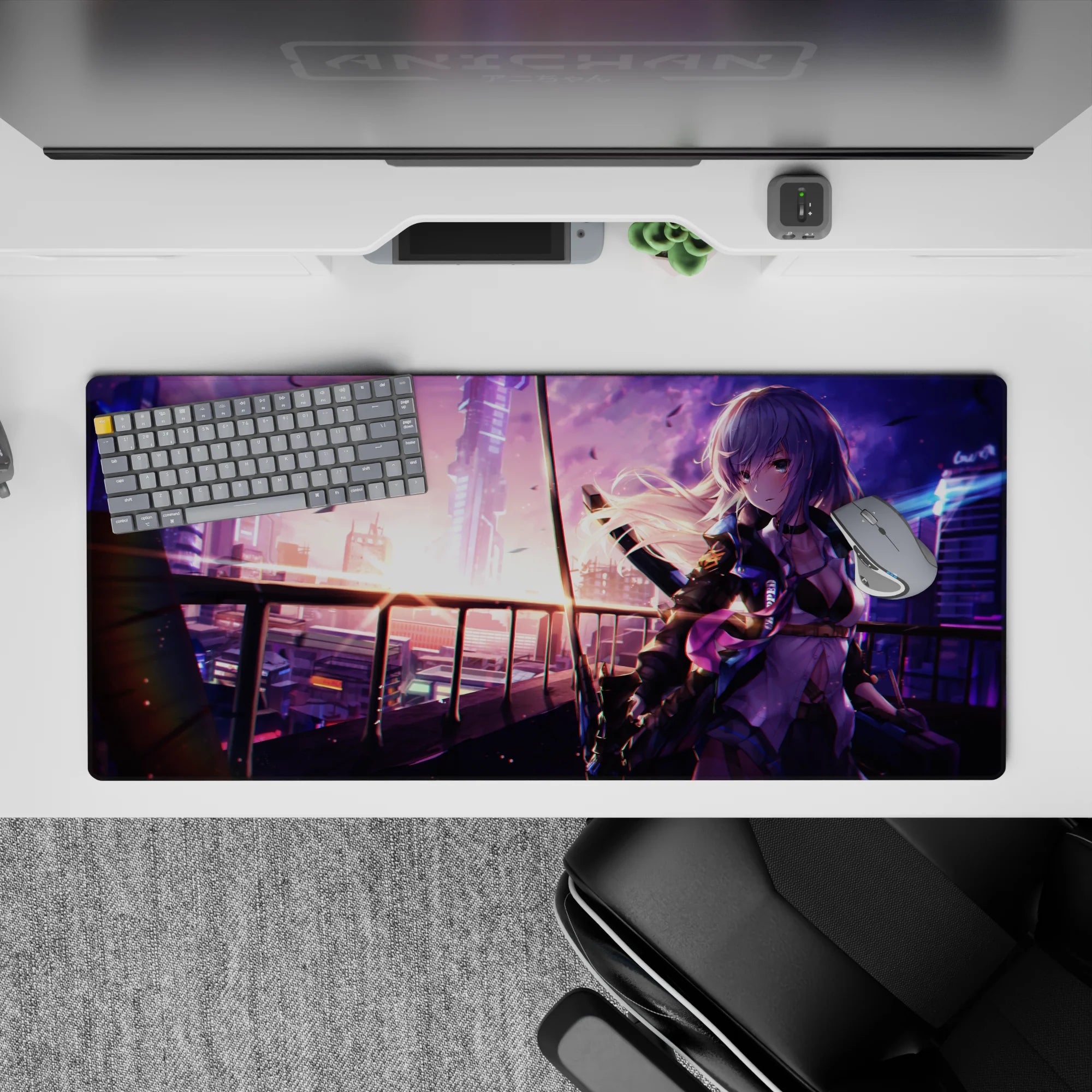 Violet and pink neon dusk anime desk mat, calm late-night grind vibe, 36x16 inches.