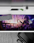 Violet and pink neon dusk anime desk mat, calm late-night grind vibe, 36x16 inches.