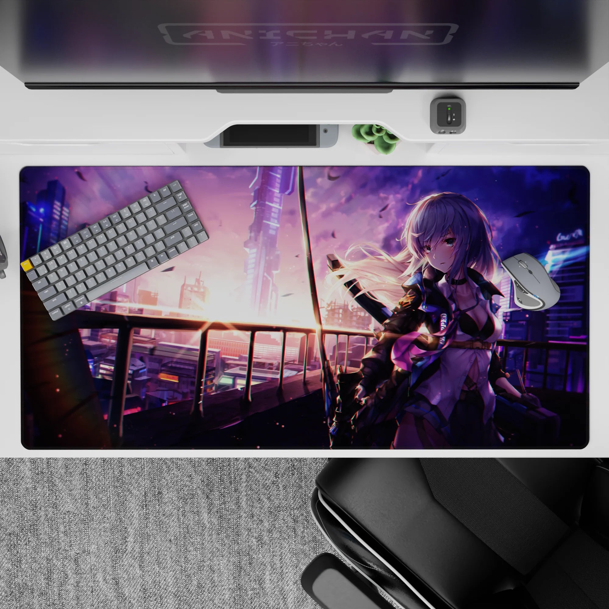 Violet and pink neon dusk anime desk pad, soft dramatic cyberpunk glow, 40x20 inches.
