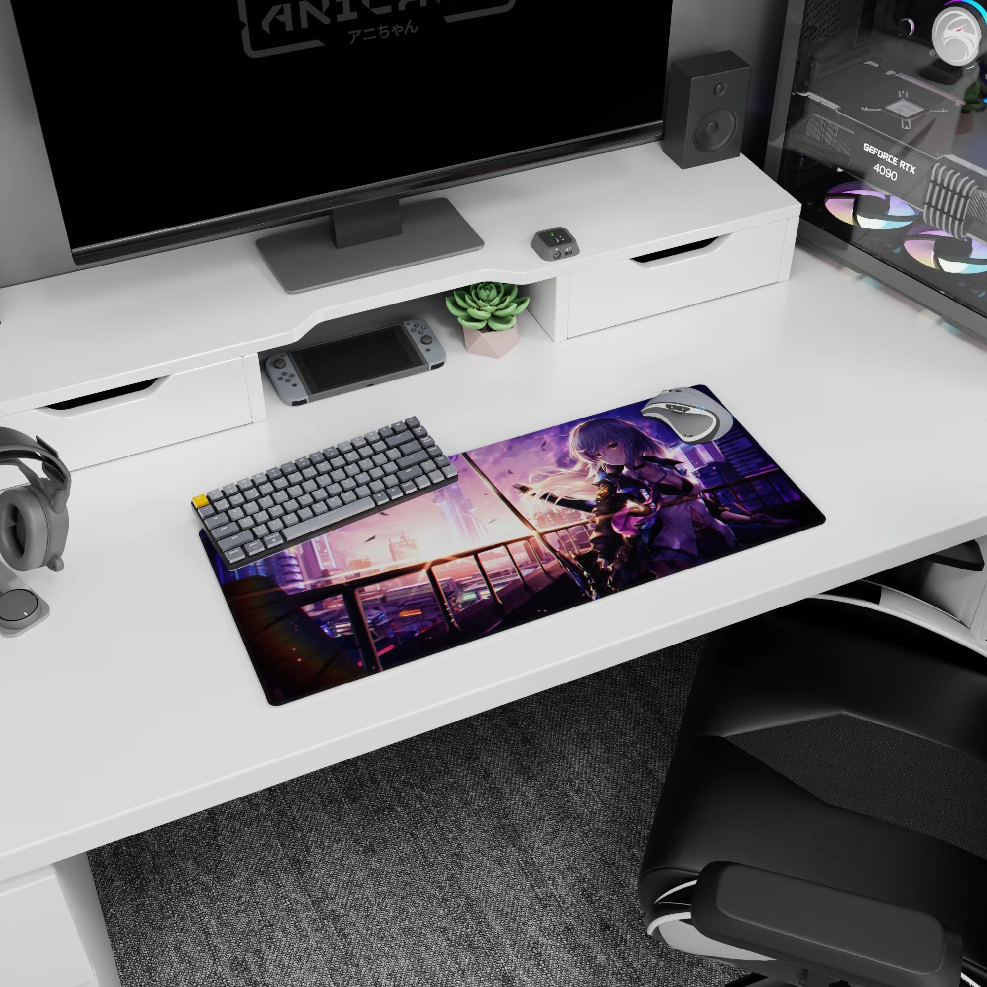 Silver-haired anime girl with katana pose on mouse pad 28x12 inches, glowing city backdrop and petals.