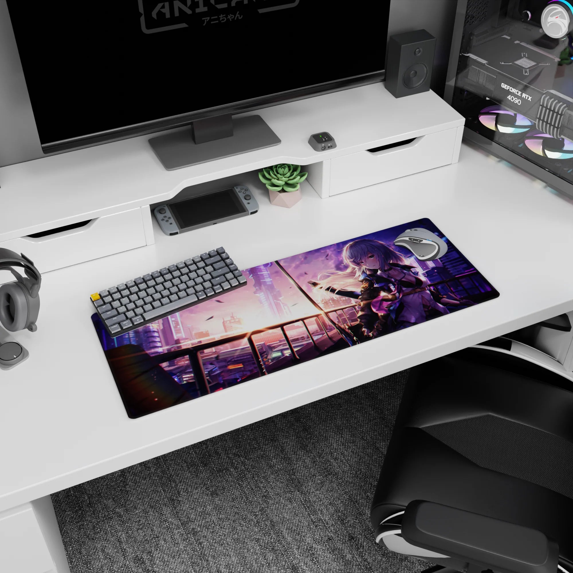 32x12 inches anime girl mouse pad featuring silver-haired swordswoman with calm stare in neon city scene.
