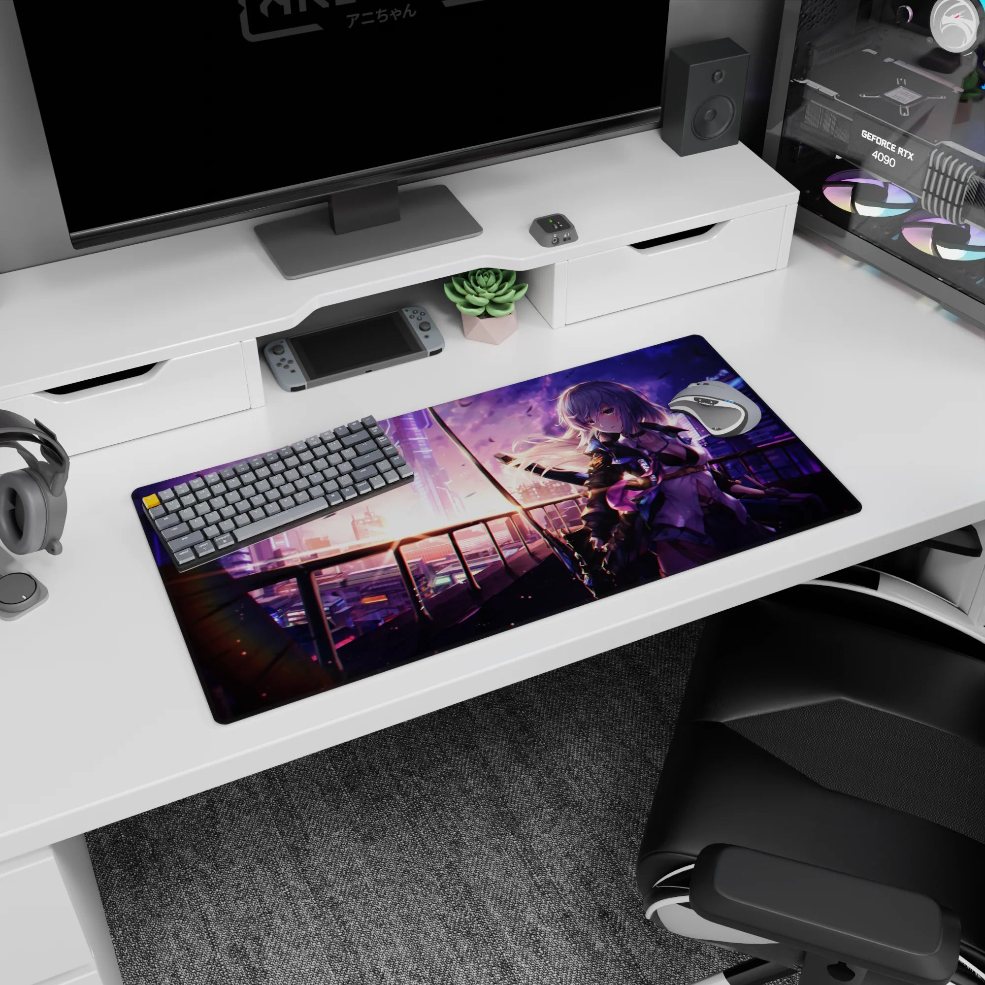 32x16 inches mouse pad featuring silver-haired anime girl with calm stare and katana-ready pose.