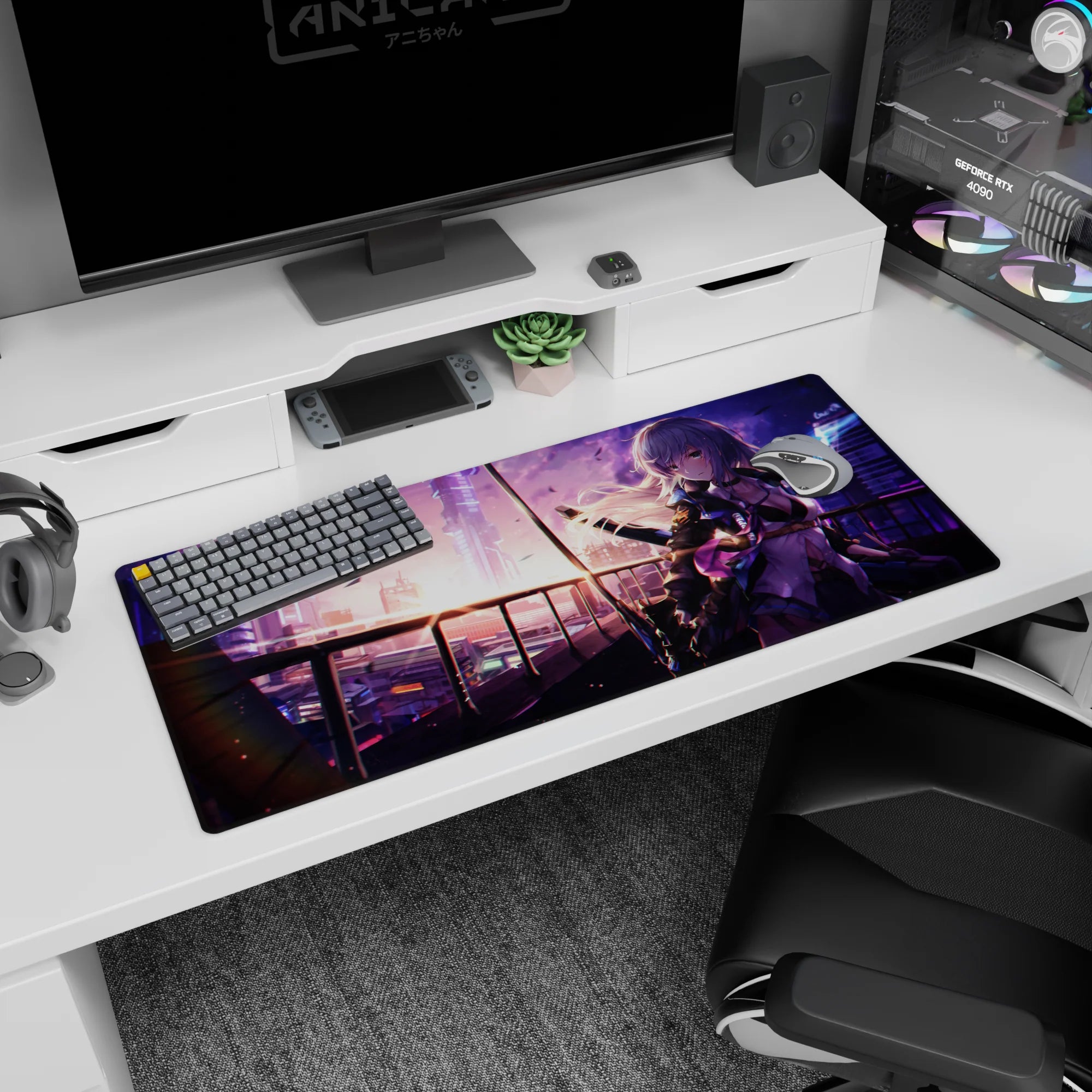 Silver-haired anime girl with katana pose before a glowing city skyline desk pad, 36x16 inches.