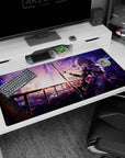 Silver-haired anime girl with calm stare by neon city reflections, katana ready, 40x20 inches.