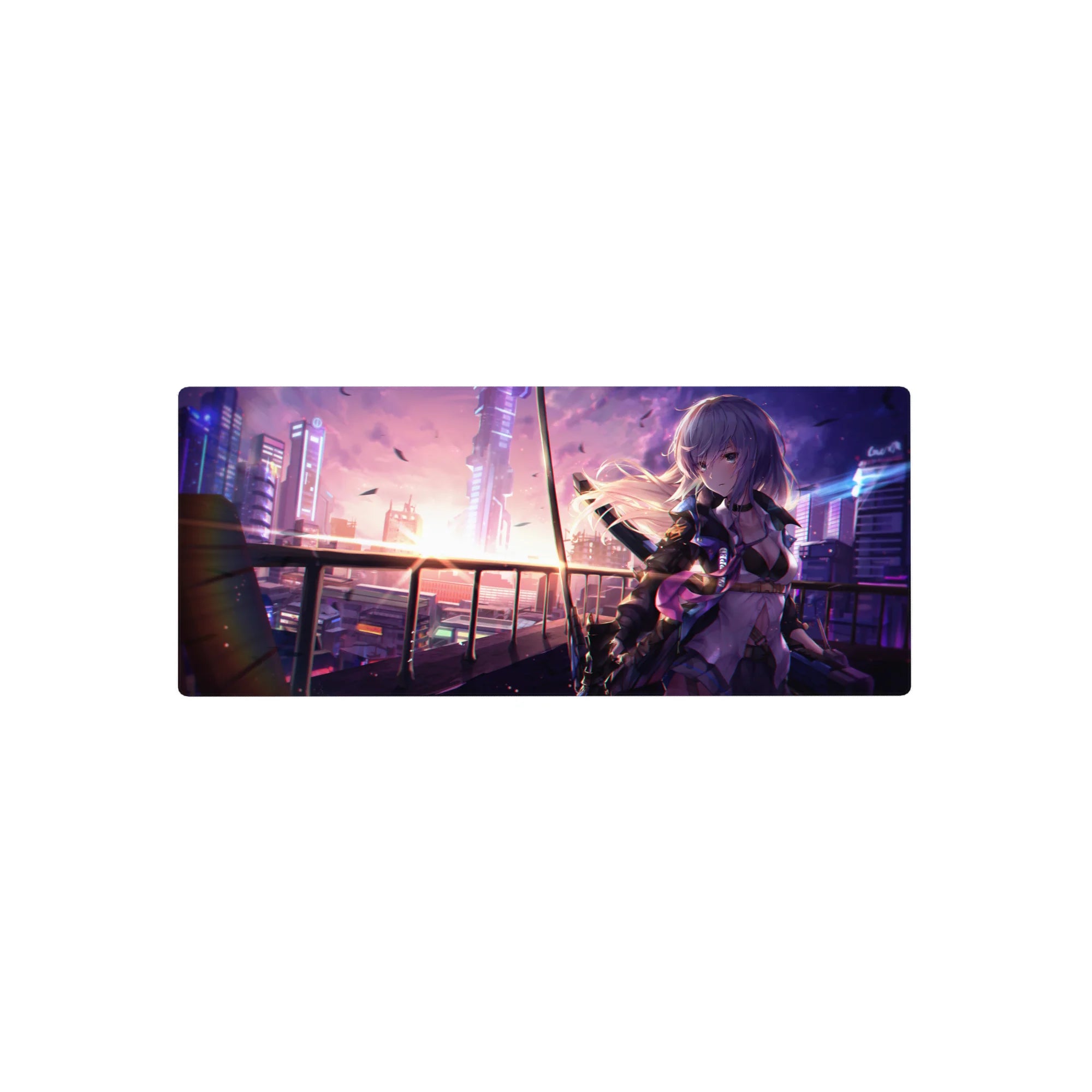 Cyberpunk anime girl mouse pad 28x12 inches with neon skyline, petals, and reflective city lights.