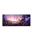 Cyberpunk anime girl mouse pad 28x12 inches with neon skyline, petals, and reflective city lights.