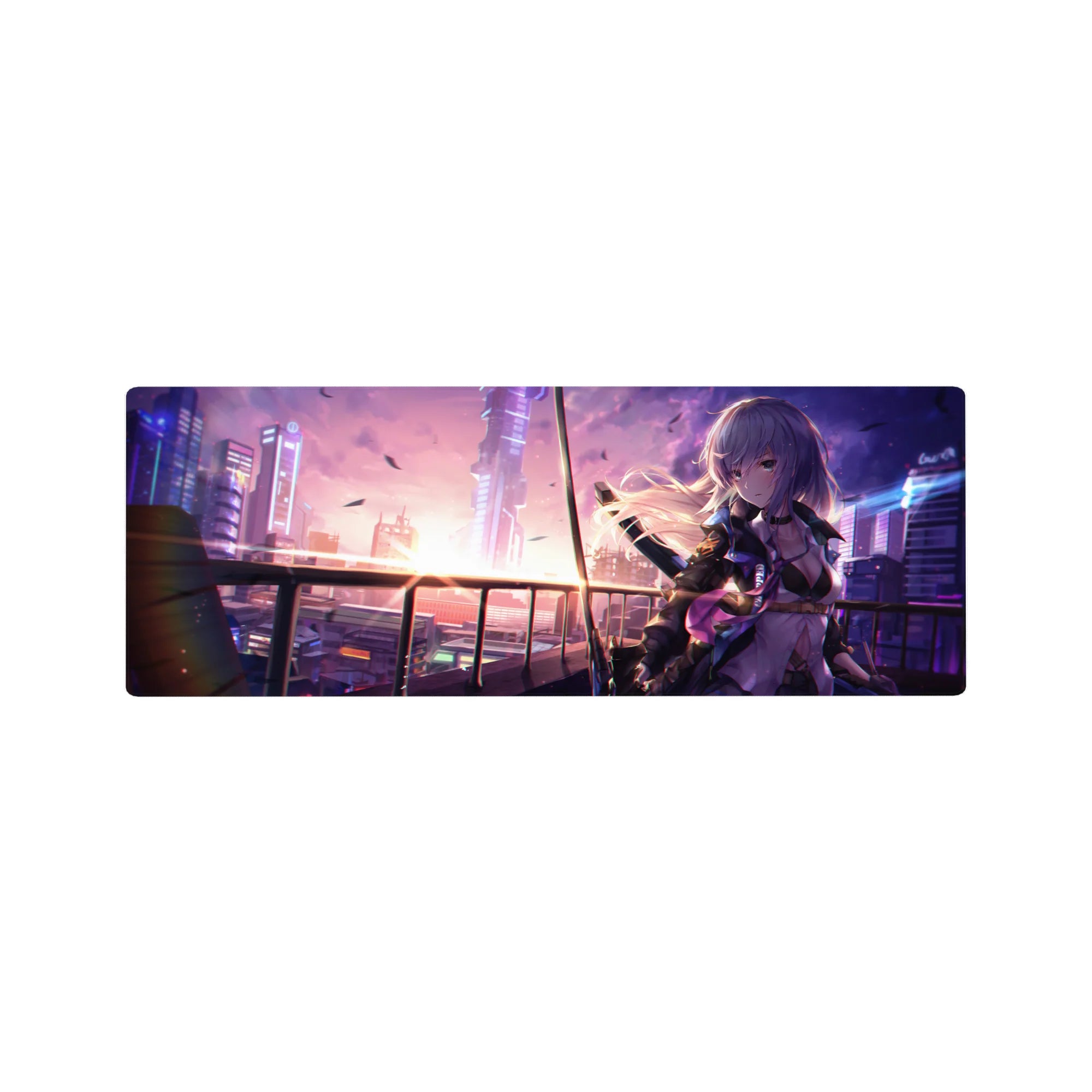 32x12 inches anime girl mouse pad with cyberpunk skyline, neon dusk city reflections, and petals.