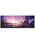 32x12 inches anime girl mouse pad with cyberpunk skyline, neon dusk city reflections, and petals.