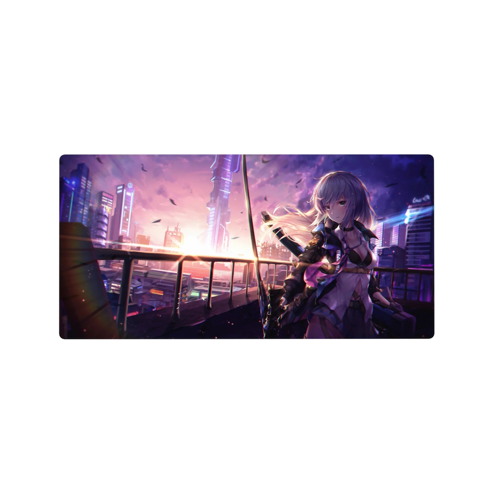 32x16 inches anime girl mouse pad with cyberpunk skyline, neon city reflections, and floating petals.
