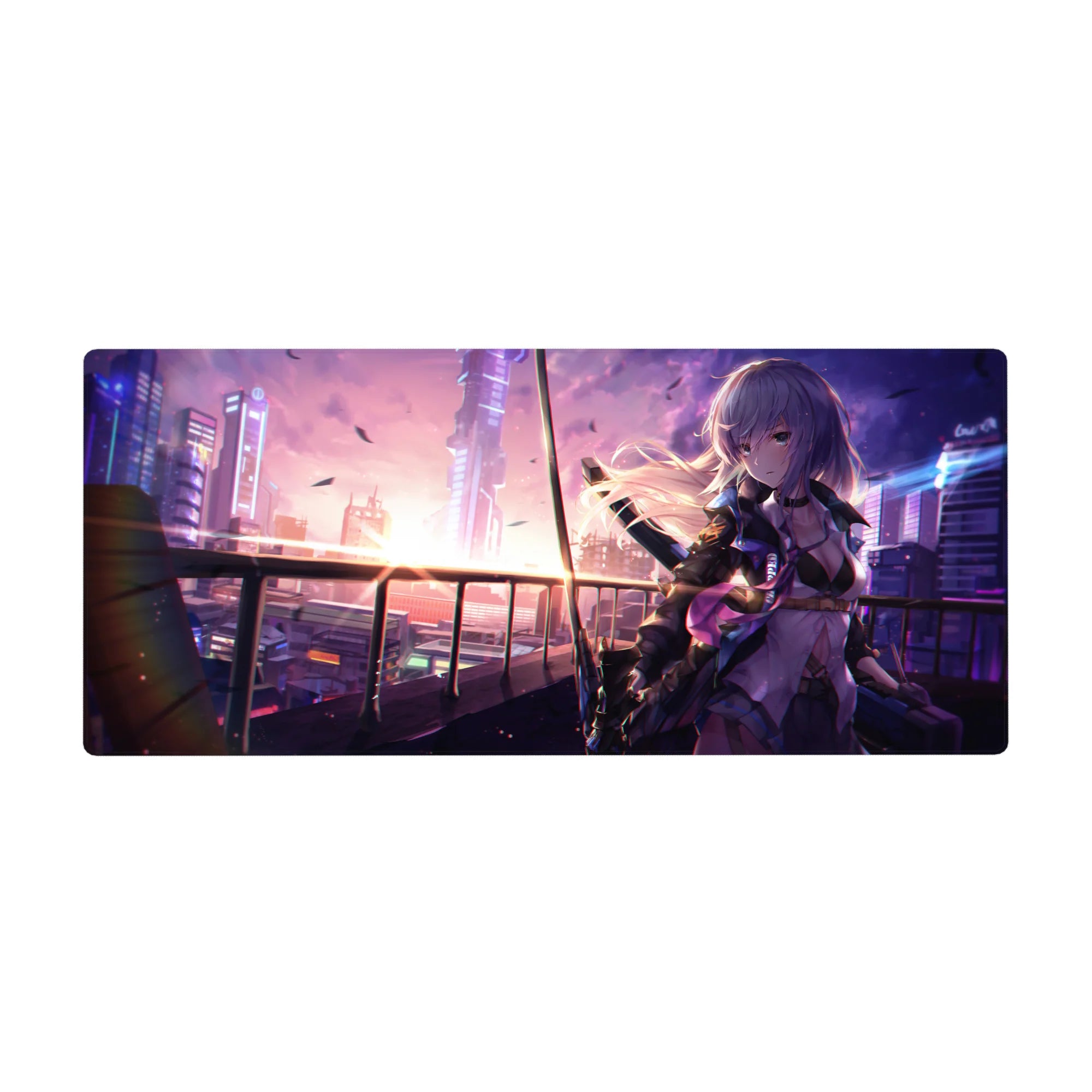 Cyberpunk anime girl desk pad with neon skyline, petals, and reflections, 36x16 inches.