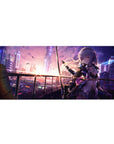 Cyberpunk anime girl desk pad with neon skyline, petals, and reflections, 36x16 inches.