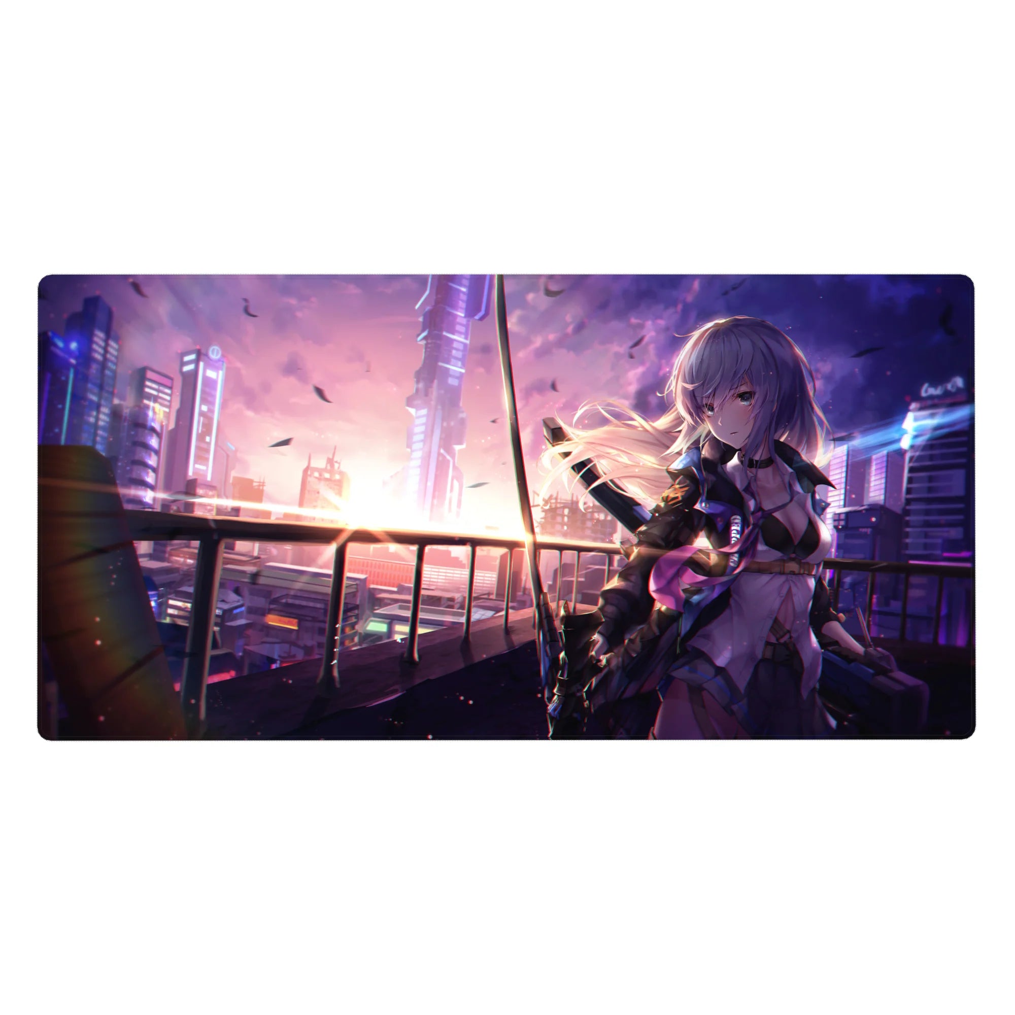 Cyberpunk anime girl desk pad with neon skyline, petals, and katana pose, 40x20 inches.