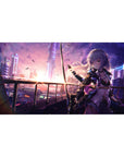 Cyberpunk anime girl desk pad with neon skyline, petals, and katana pose, 40x20 inches.