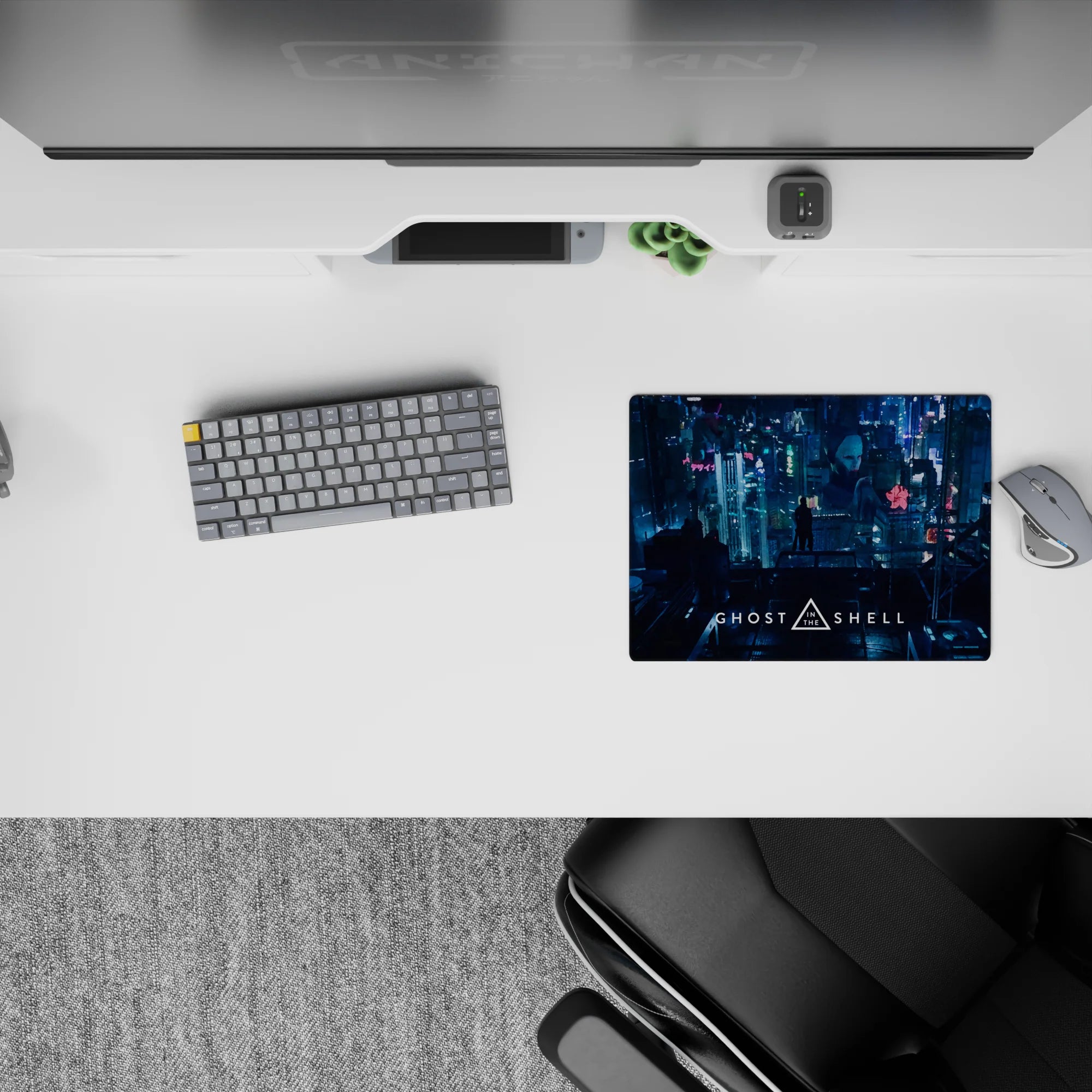 Classic anime mouse pad 14x10 inches in neon pink, ice blue, and deep teal cyberpunk night mood.