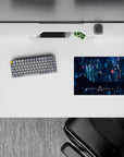 Classic anime mouse pad 14x10 inches in neon pink, ice blue, and deep teal cyberpunk night mood.