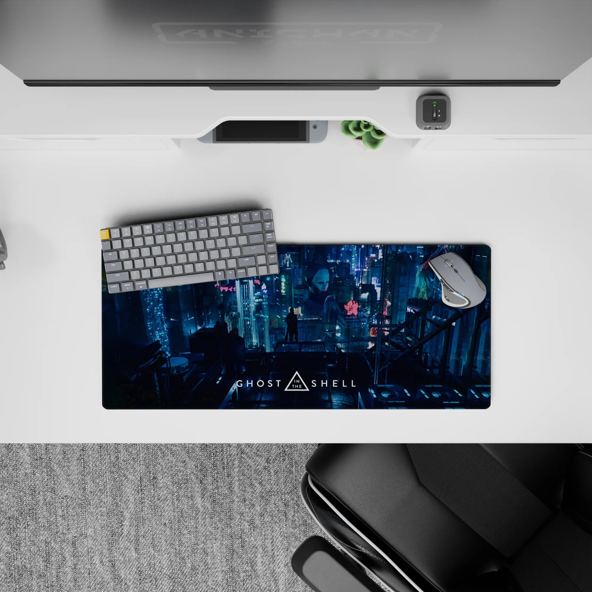 Neon rain, deep teal shadows, pink and ice blue glow anime mouse pad with calm cyberpunk mood, 28x12 inches.
