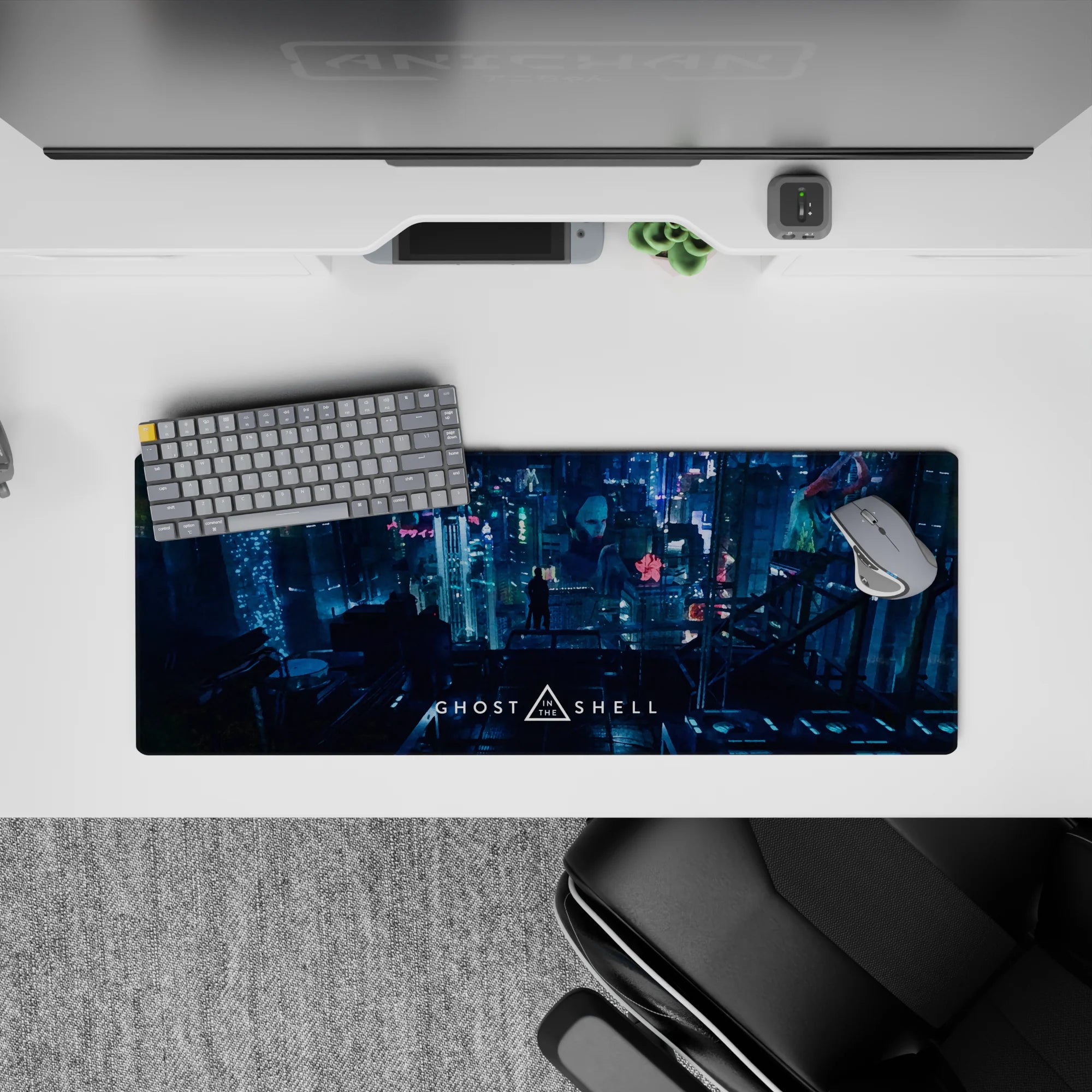 Neon pink and ice blue with deep teal shadows anime mouse pad 32x12 inches, late-night cyberpunk calm.