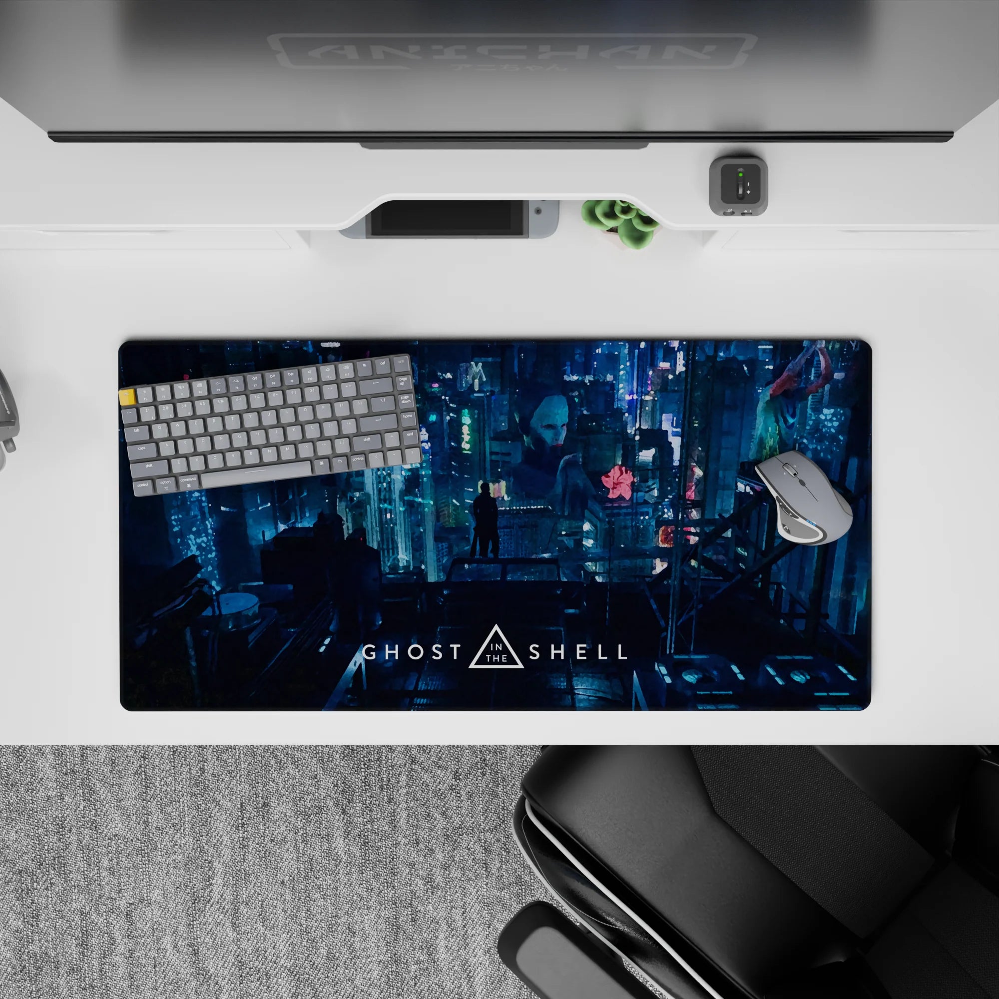 Anime mouse pad 32x16 inches in neon pink, ice blue, and deep teal, calm late-night cyberpunk glow.