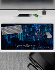 Anime mouse pad 32x16 inches in neon pink, ice blue, and deep teal, calm late-night cyberpunk glow.
