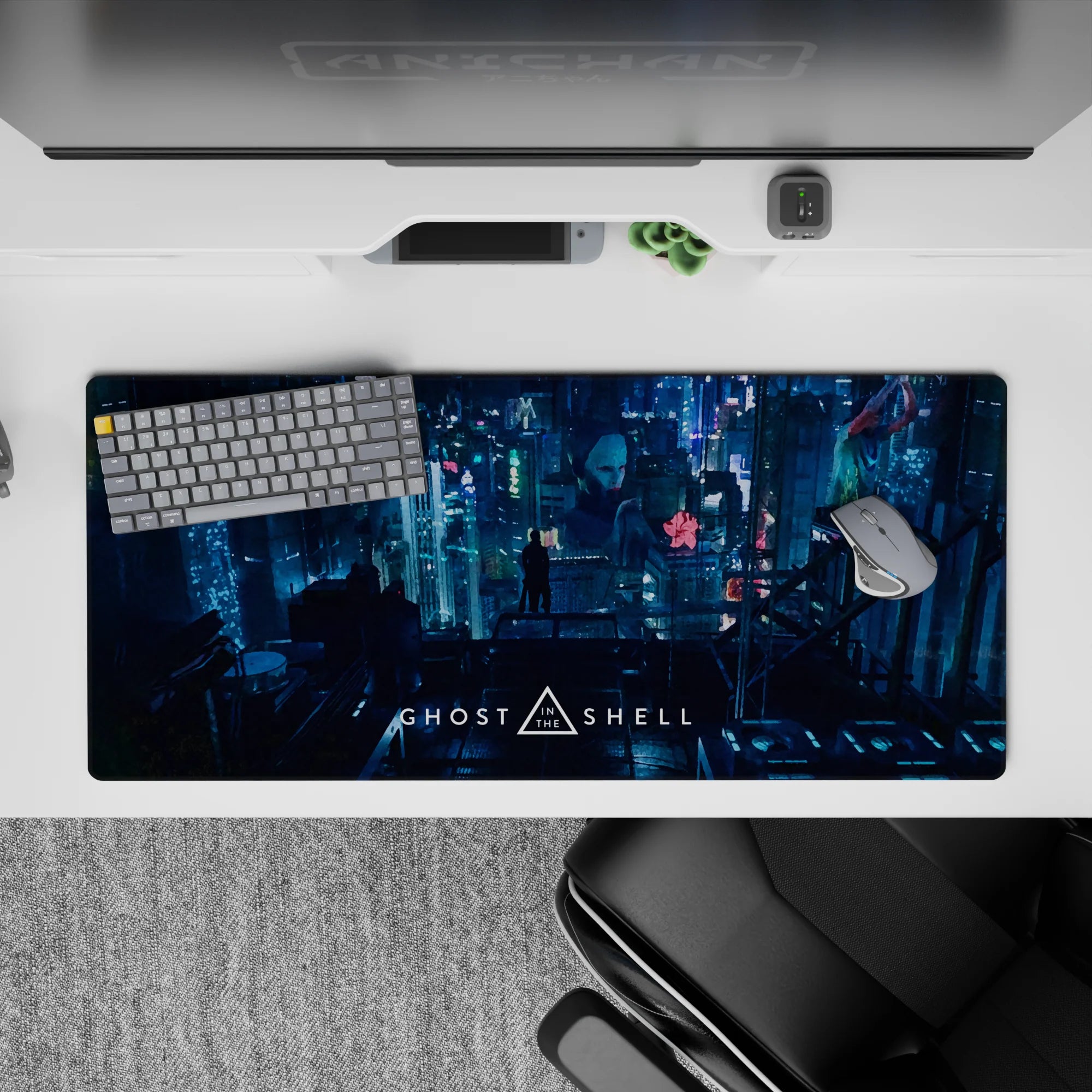 Neon pink and ice blue glow with deep teal shadows, late-night cyberpunk anime desk pad, 36x16 inches.