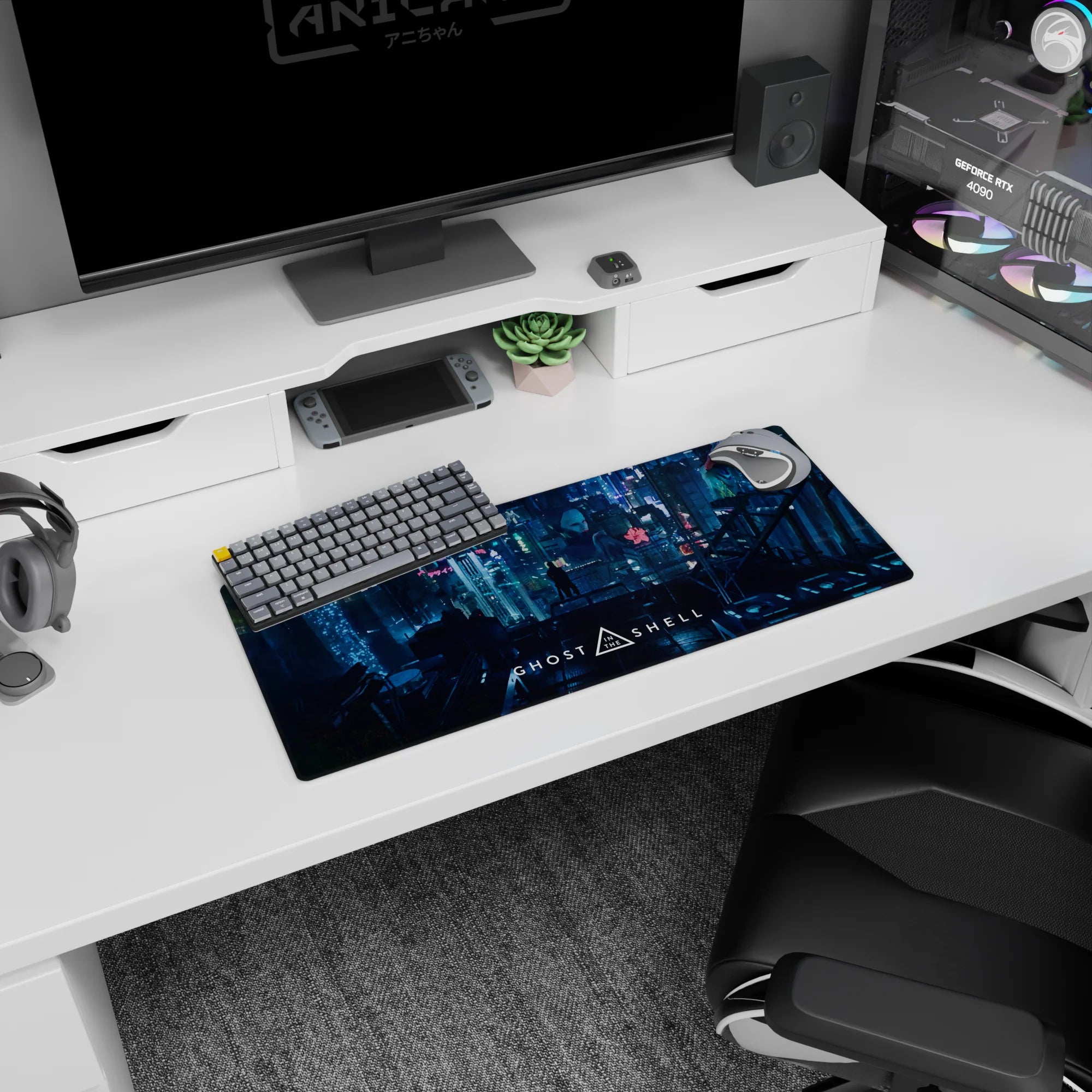Lone rooftop figure facing towering holographic faces and electric billboards anime mouse pad, 28x12 inches.