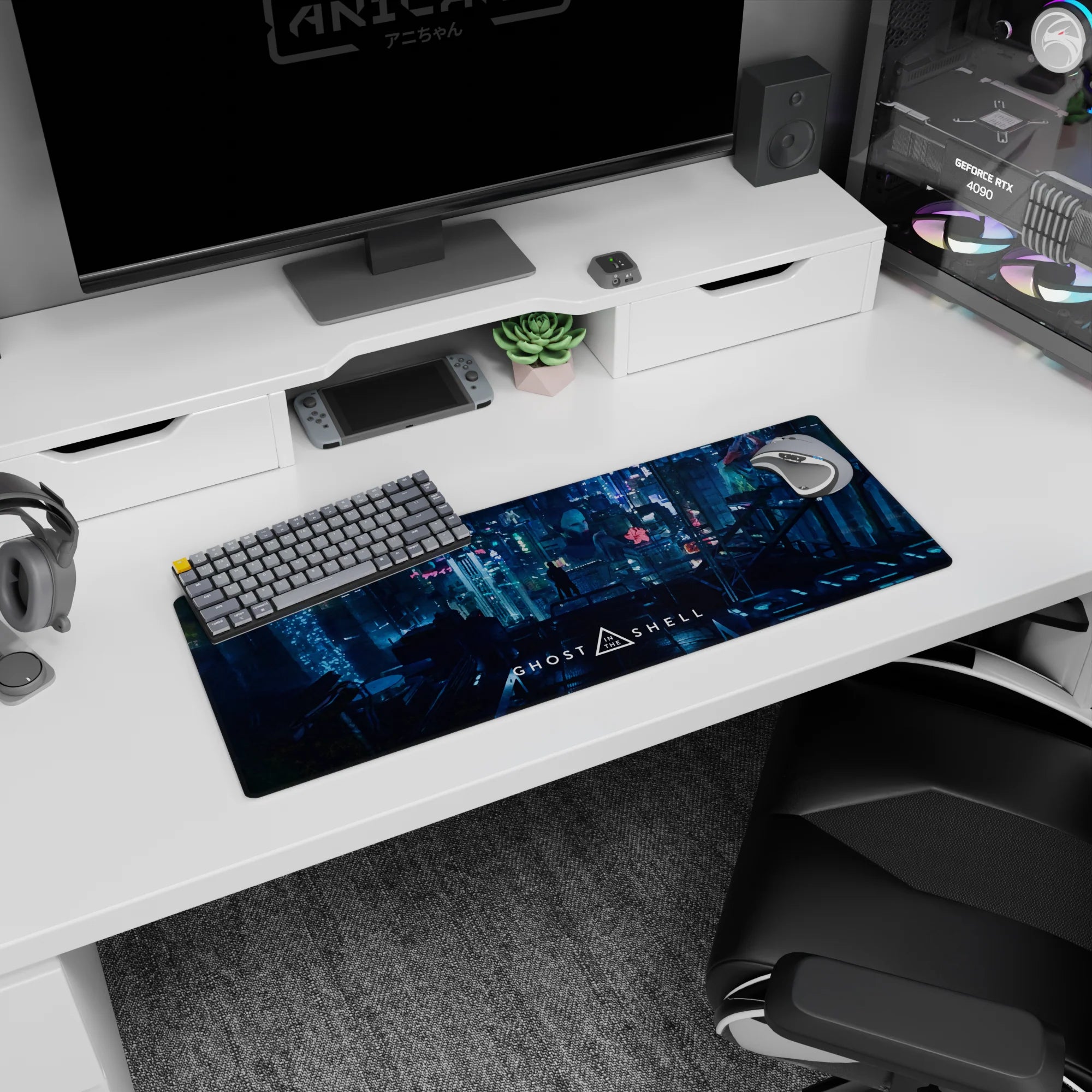 Rooftop lone figure under kanji signs and holographic faces anime mouse pad 32x12 inches.