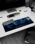 Rooftop lone figure under kanji signs and holographic faces anime mouse pad 32x12 inches.
