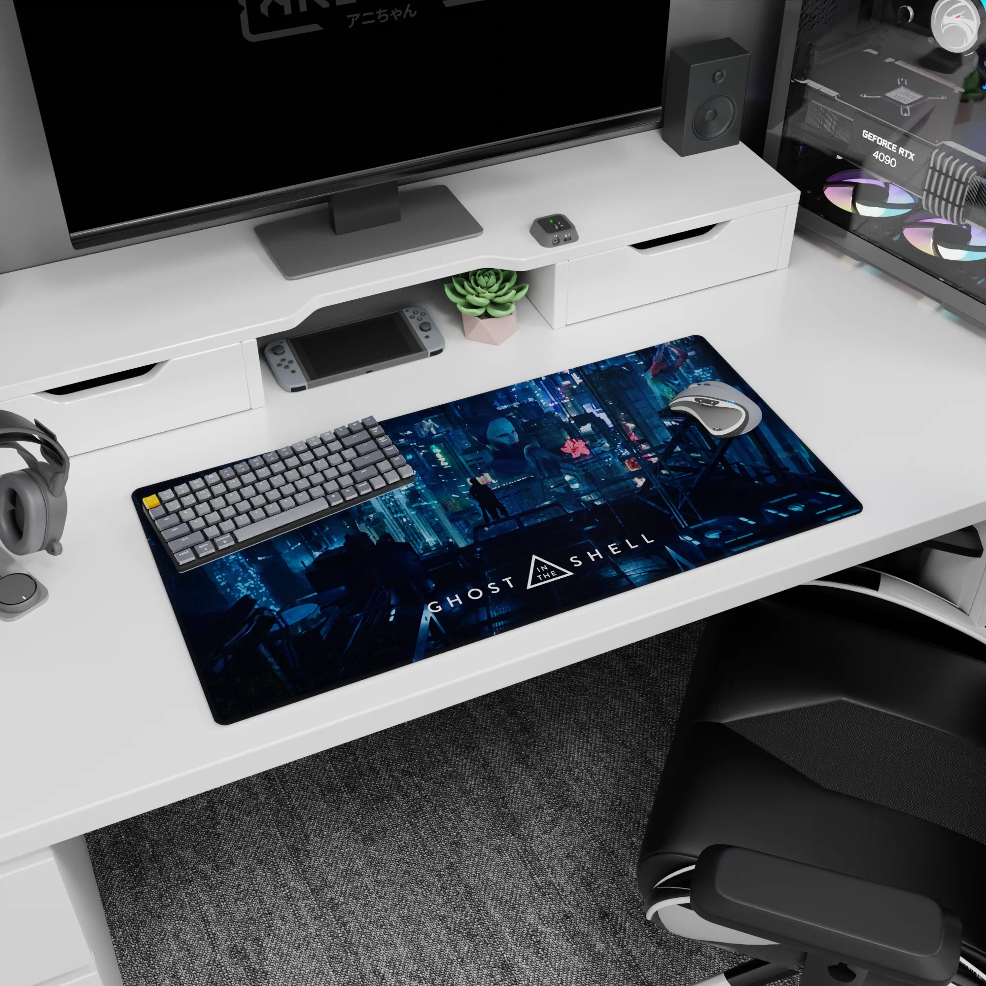 Ghost in the Shell anime mouse pad 32x16 inches showing a lone rooftop figure amid holographic faces.