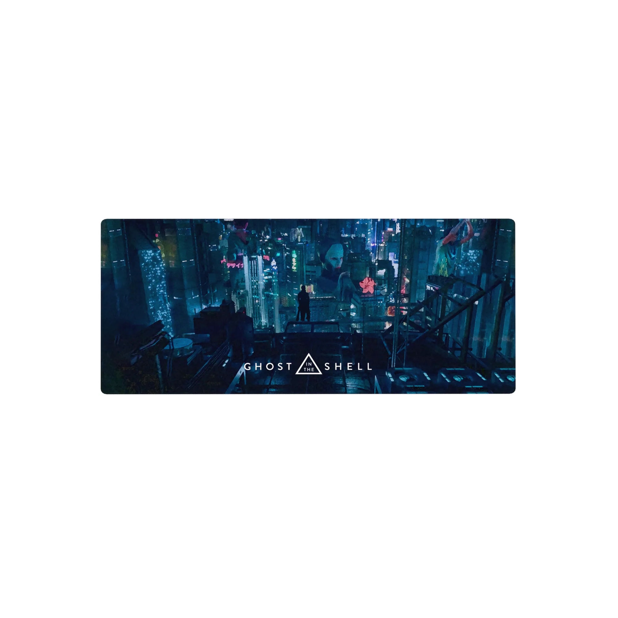 Ghost in the Shell cyberpunk cityscape anime mouse pad, holograms and kanji signs, 28x12 inches.