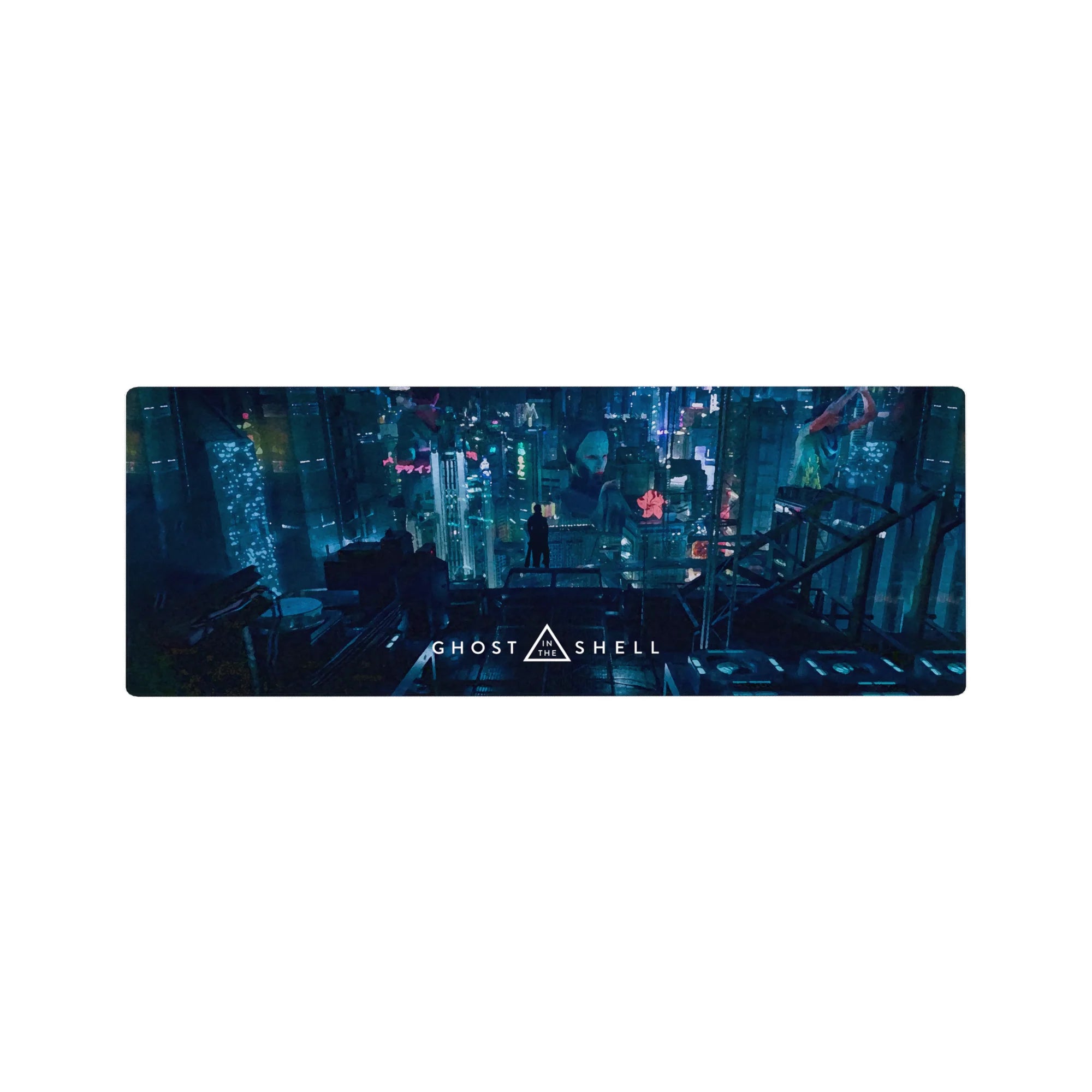 Ghost in the Shell cyberpunk cityscape anime mouse pad 32x12 inches with holograms and neon billboards.