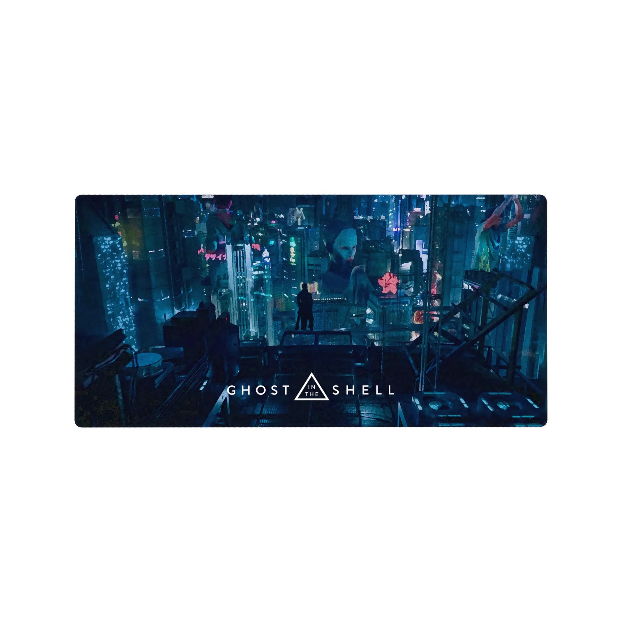 Ghost in the Shell cyberpunk cityscape anime mouse pad 32x16 inches with neon billboards and kanji signs.