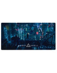 Ghost in the Shell cyberpunk cityscape anime mouse pad 32x16 inches with neon billboards and kanji signs.