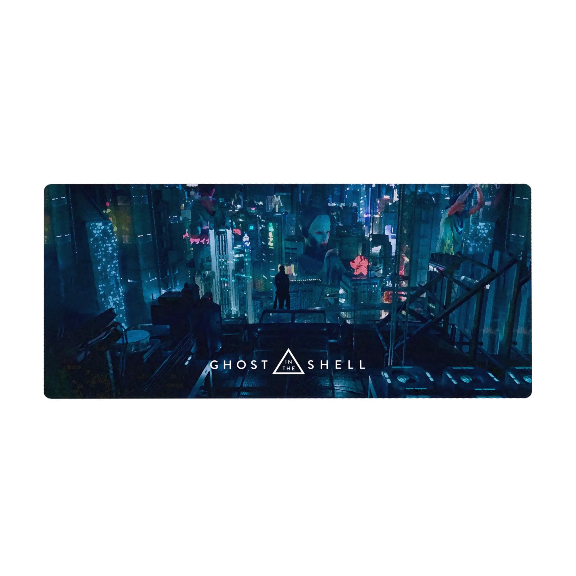 Ghost in the Shell cyberpunk cityscape anime desk pad, holographic signs and rooftop figure, 36x16 inches.