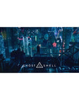 Ghost in the Shell cyberpunk cityscape anime desk pad 40x20 inches with holographic faces and kanji signs.