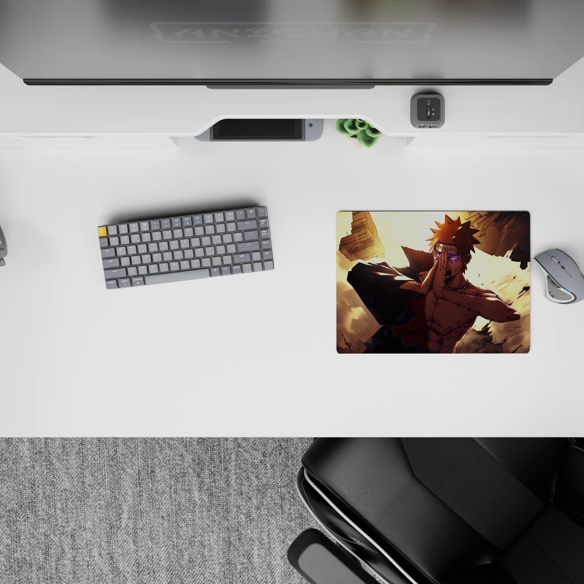 14x10 inches classic anime mouse pad with warm gold glow, bold contrast, and flying rubble chaos vibe.