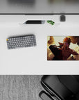 14x10 inches classic anime mouse pad with warm gold glow, bold contrast, and flying rubble chaos vibe.
