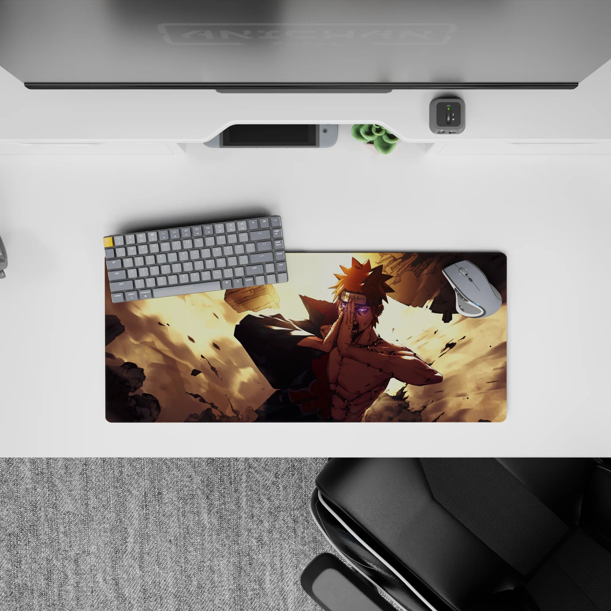 28x12 inches extended mouse pad in warm gold glow with bold contrast, chaotic energy and crisp print.