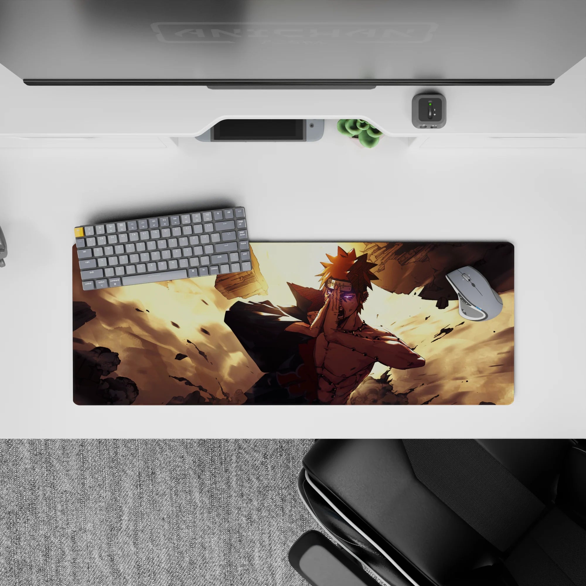 32x12 inches anime desk mat in warm gold light with flying rubble, bold contrast, and chaotic energy.