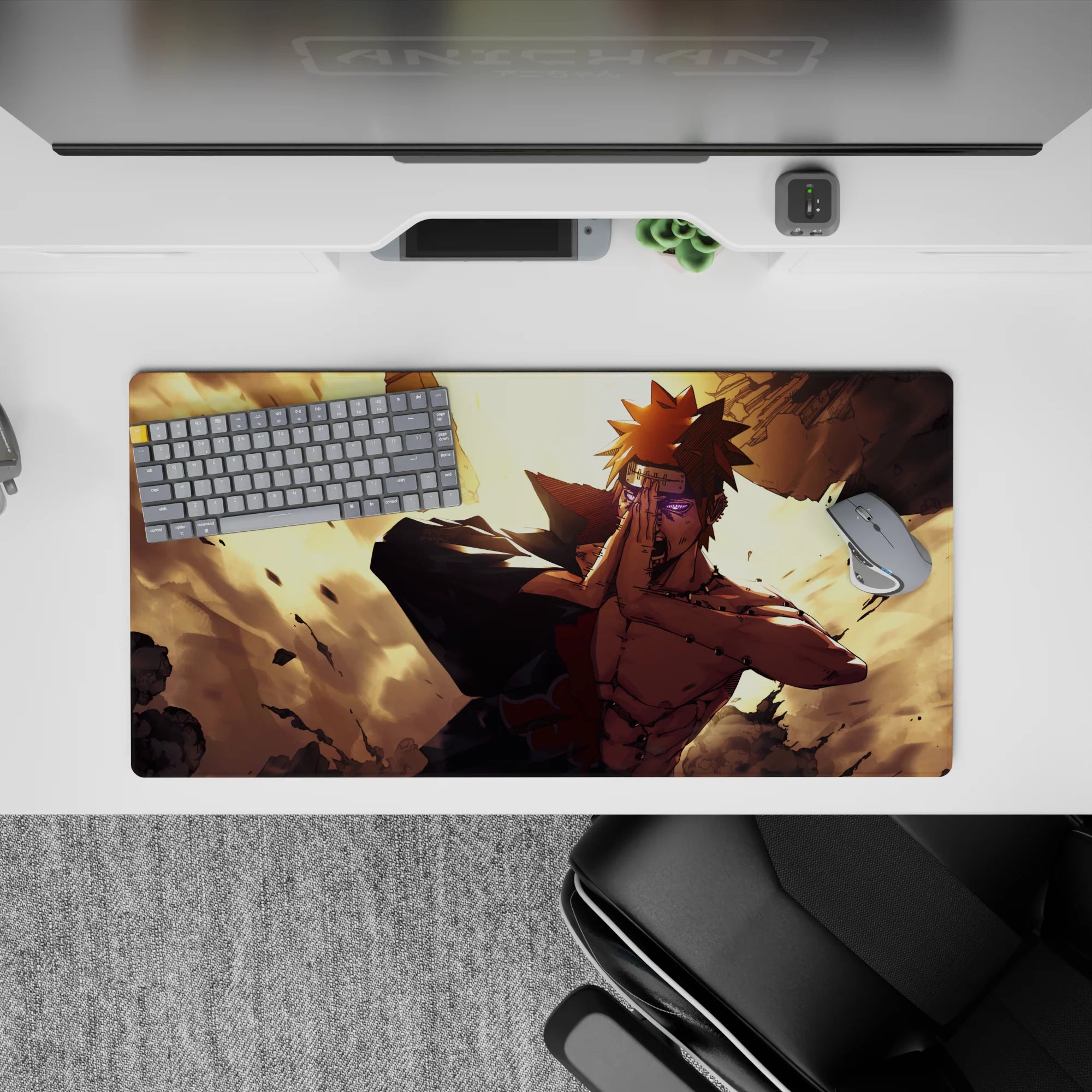 32x16 inches anime mouse pad in warm gold glow with bold contrast, chaotic flying debris, and cool vibe.