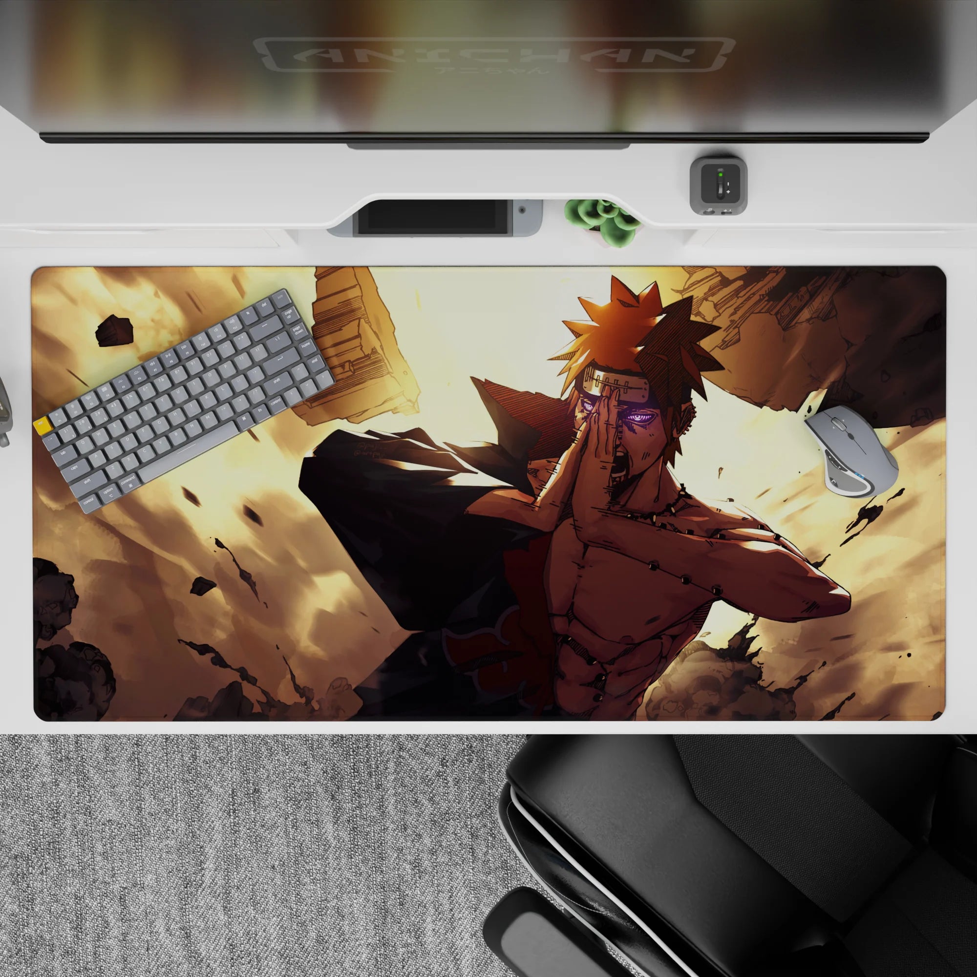 Anime desk pad 40x20 inches in warm gold light with bold contrast and chaotic shockwave energy.