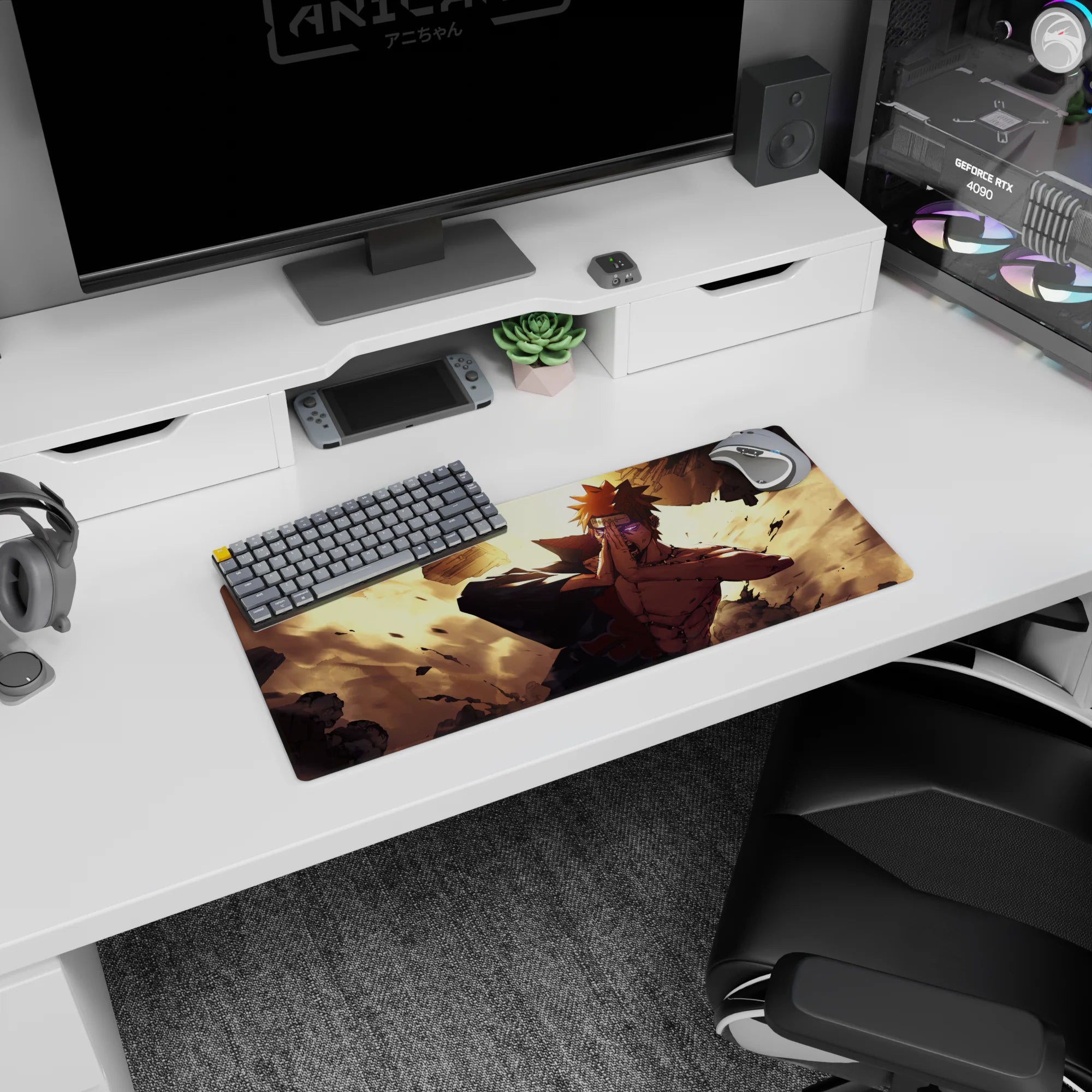 28x12 inches Naruto Shippuden mouse pad showing Pain praying, Rinnegan stare, flying debris.