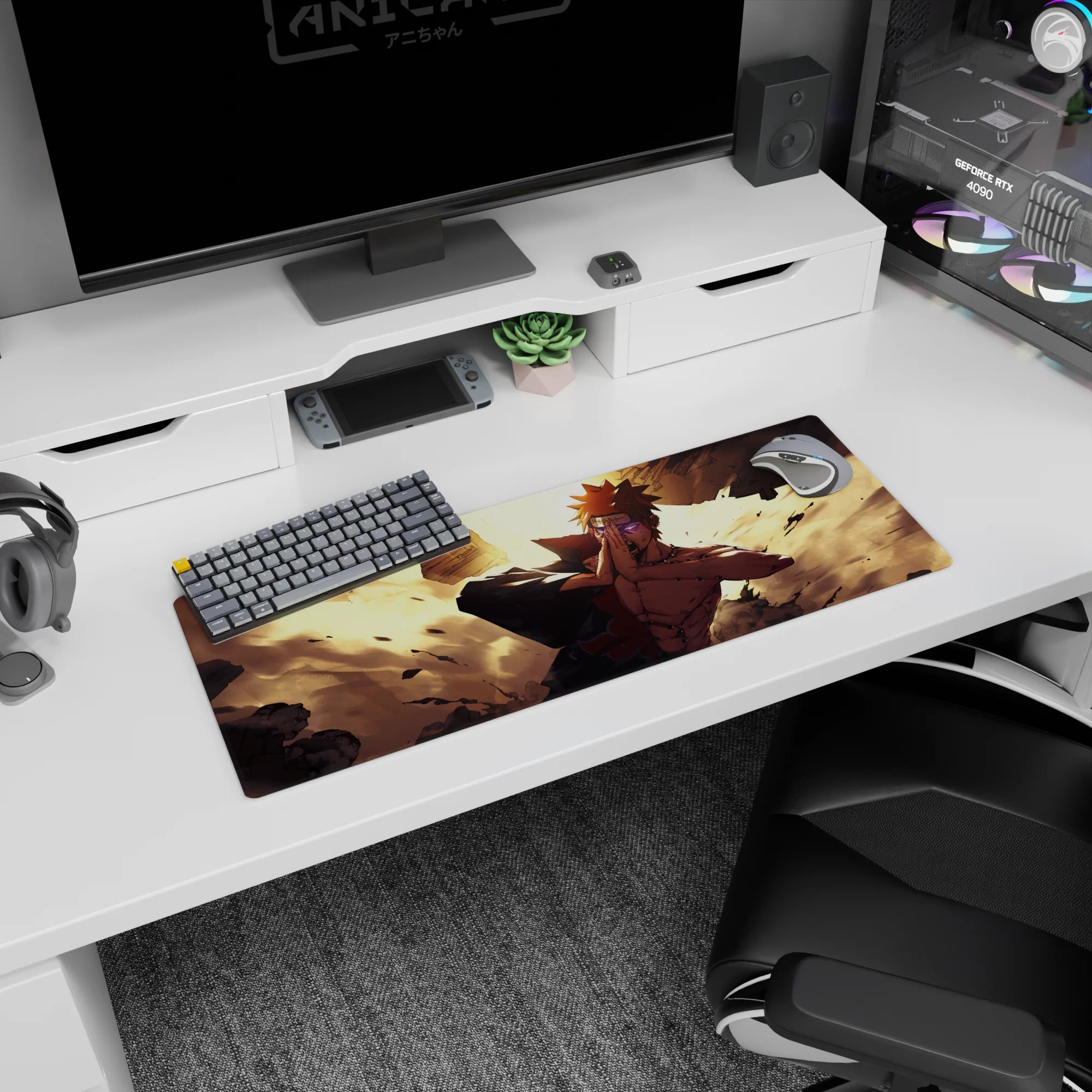32x12 inches Naruto Shippuden mouse pad featuring Pain with Rinnegan eyes, hands in prayer, shockwave.
