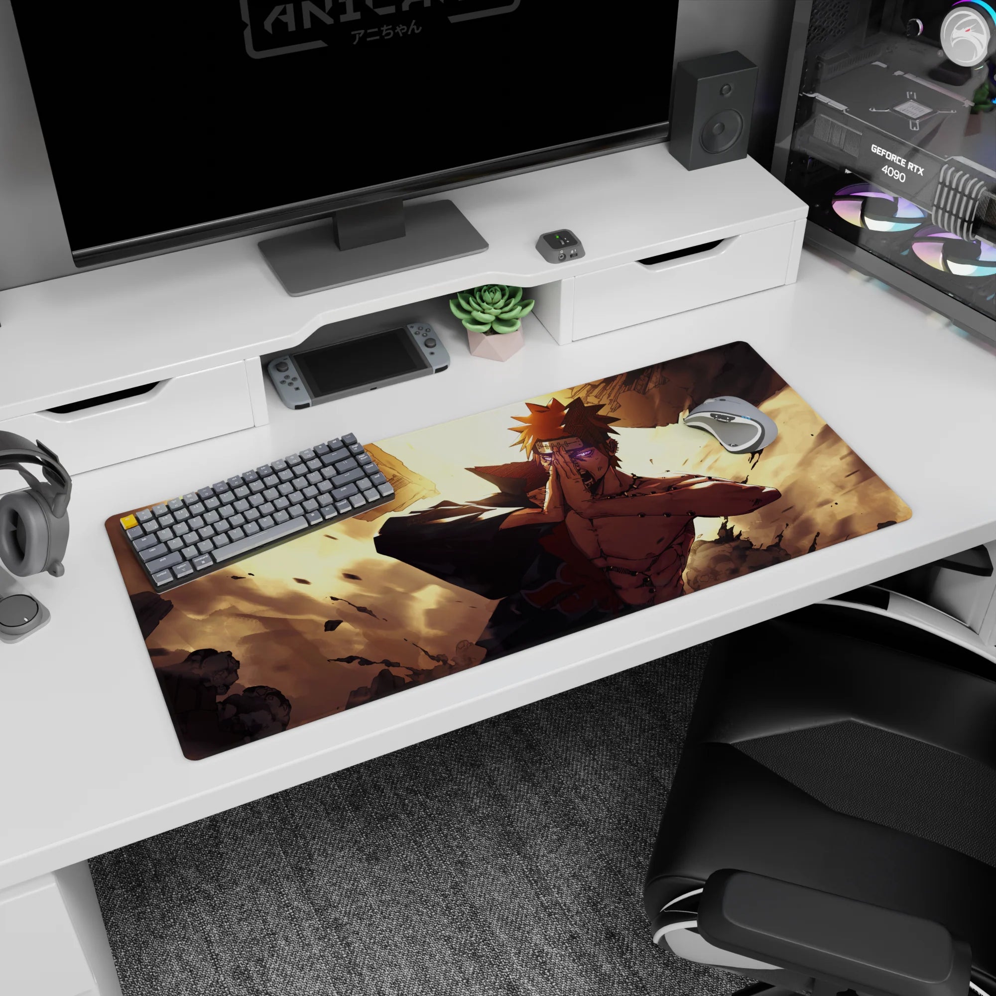 36x16 inches Naruto Shippuden desk pad featuring Pain praying hands, Rinnegan eyes, and shattered desk.