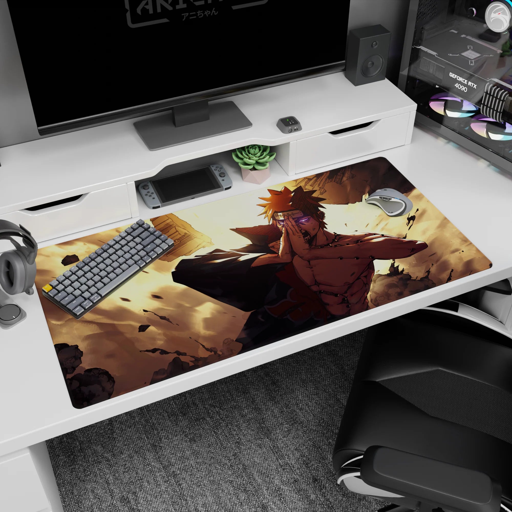Pain from Naruto Shippuden desk pad 40x20 inches, hands in prayer, Rinnegan stare, debris flying.