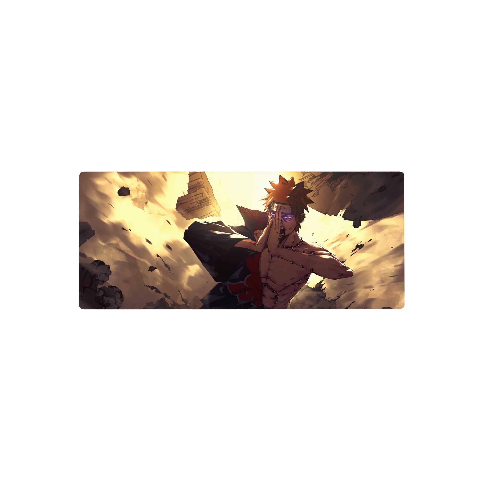28x12 inches anime mouse pad with Pain in Akatsuki cloak, Rinnegan eyes, rubble and gold light.