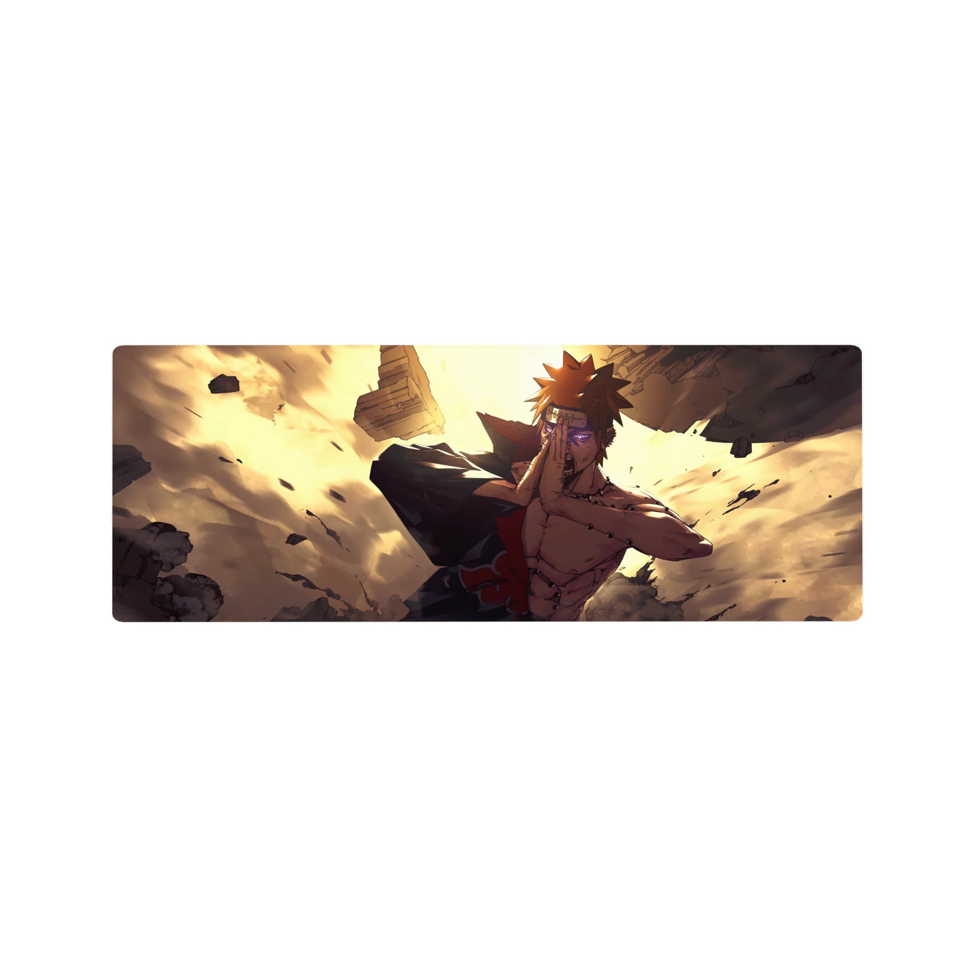 32x12 inches anime mouse pad with Akatsuki cloak, red clouds, and dramatic prayer pose artwork.