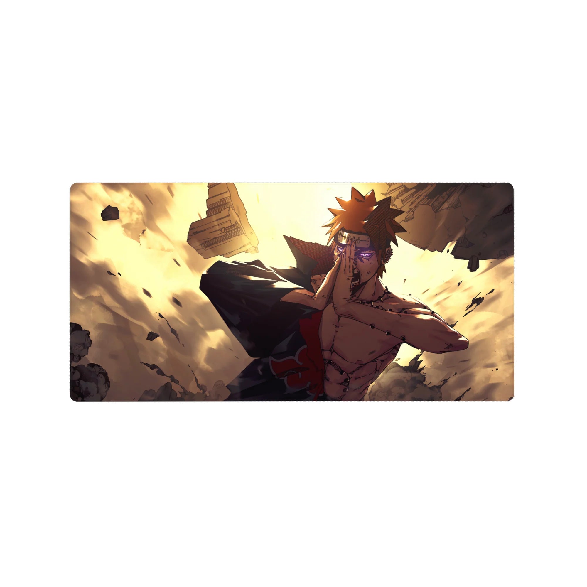 32x16 inches anime mouse pad with Pain at a desk, Akatsuki cloak, rubble and shockwave-style artwork.