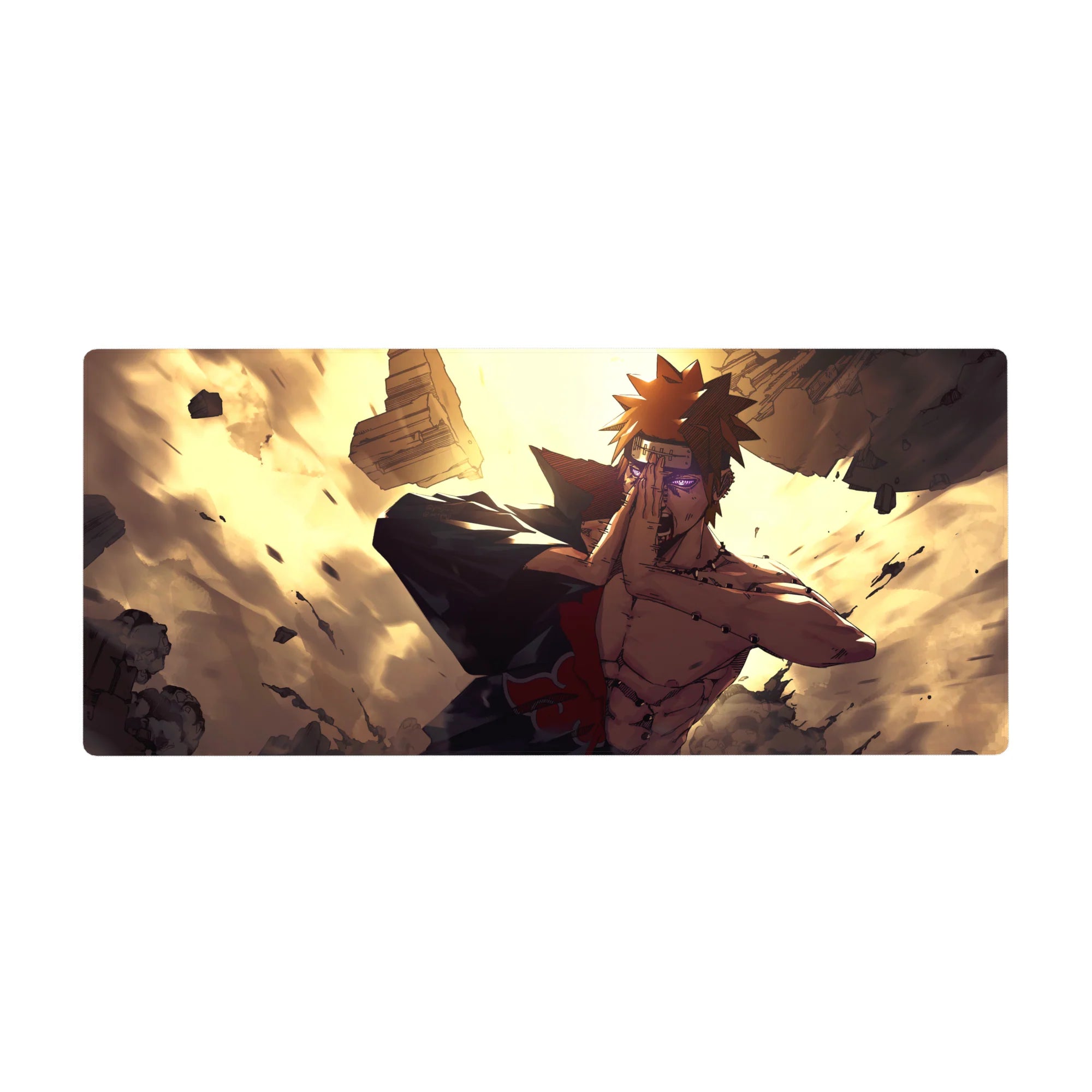 36x16 inches anime desk pad with Pain in Akatsuki cloak, Rinnegan stare, rubble shockwave scene.