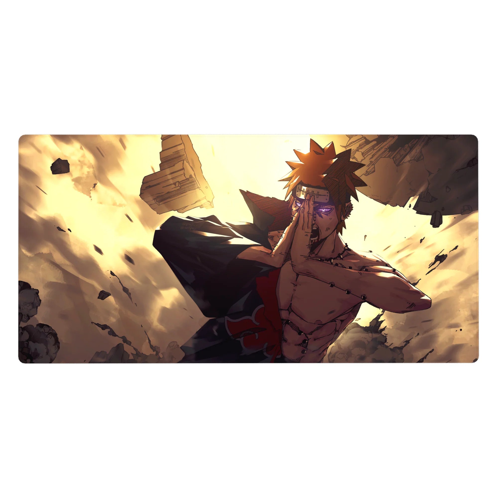 Naruto Shippuden anime desk pad 40x20 inches with Pain, Akatsuki cloak, rubble, and Rinnegan eyes.