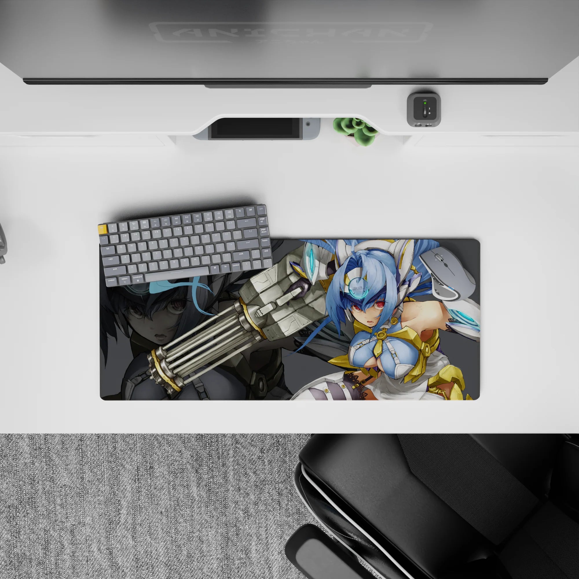 Moody grey anime desk mat 28x12 inches with glossy highlights, icy blues, and a fast dangerous vibe.